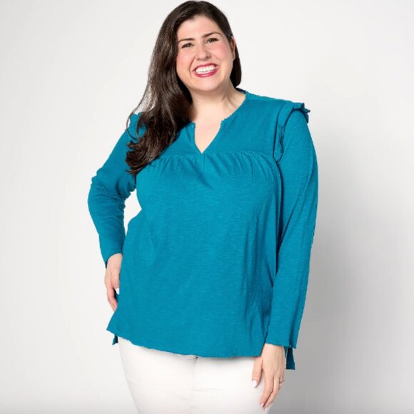 Denim & Co. Canyon Retreat Embroidered Split Neck Blouse , Teal Sz 1X a633559 - Picture 1 of 6
